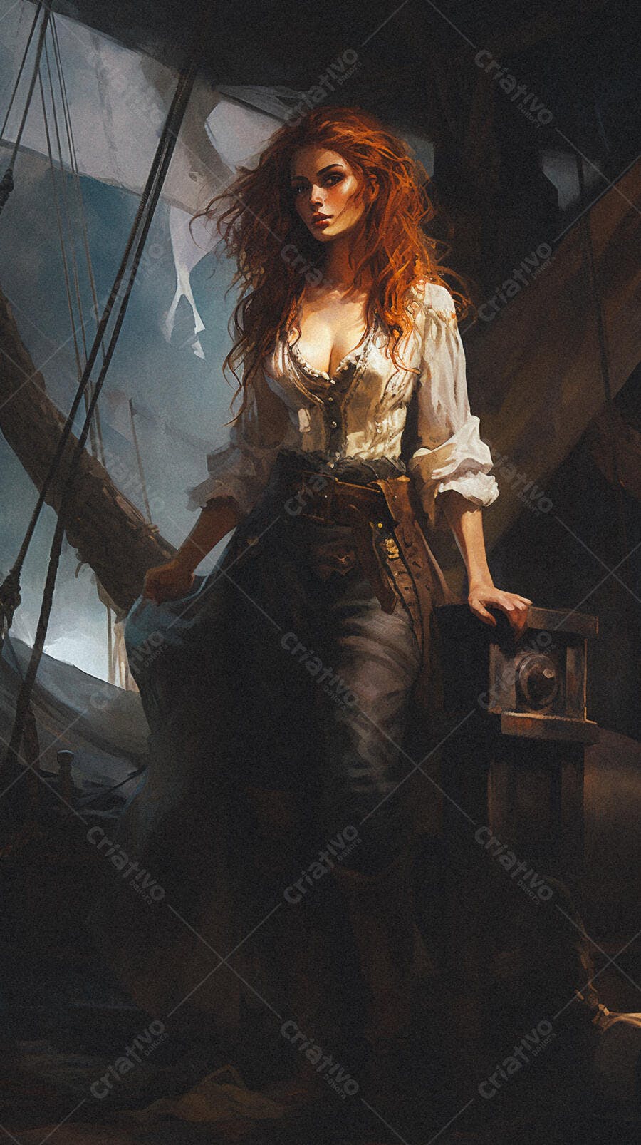 Pirata ruiva em navio antigo