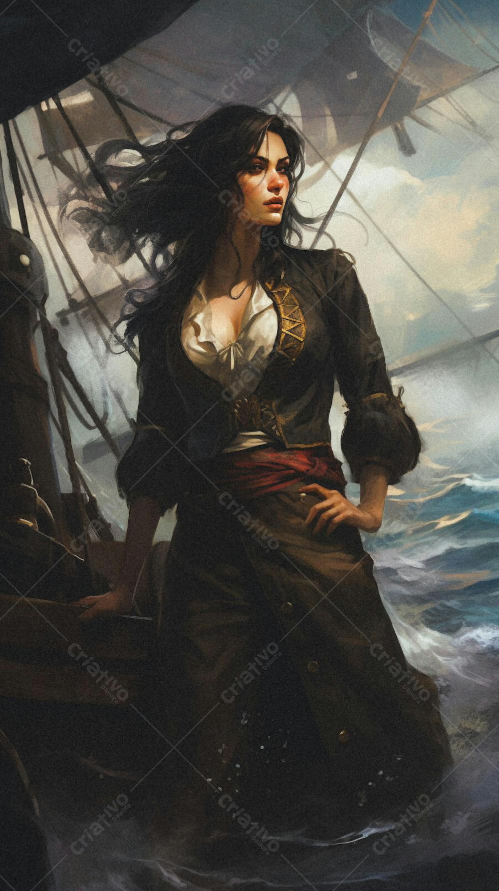 Mulher Pirata Destemida Navegando em Alto-Mar