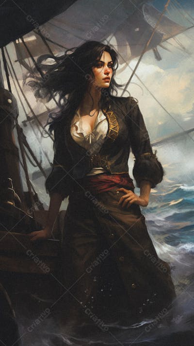 Mulher Pirata Destemida Navegando em Alto-Mar