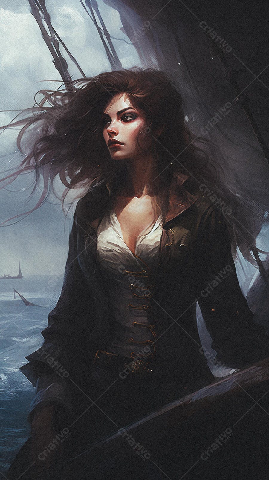 Mulher pirata no mar tempestuoso