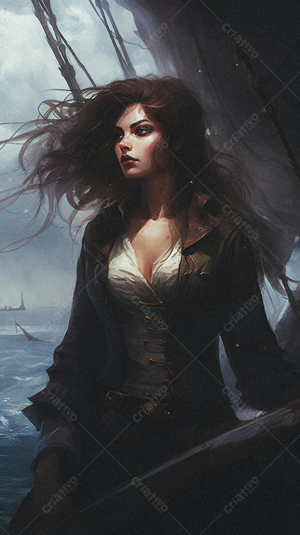 Mulher Pirata Destemida Navegando em Alto-Mar