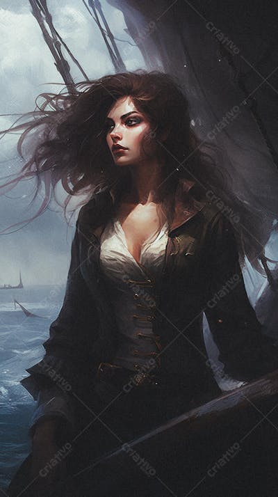 Mulher Pirata Destemida Navegando em Alto-Mar
