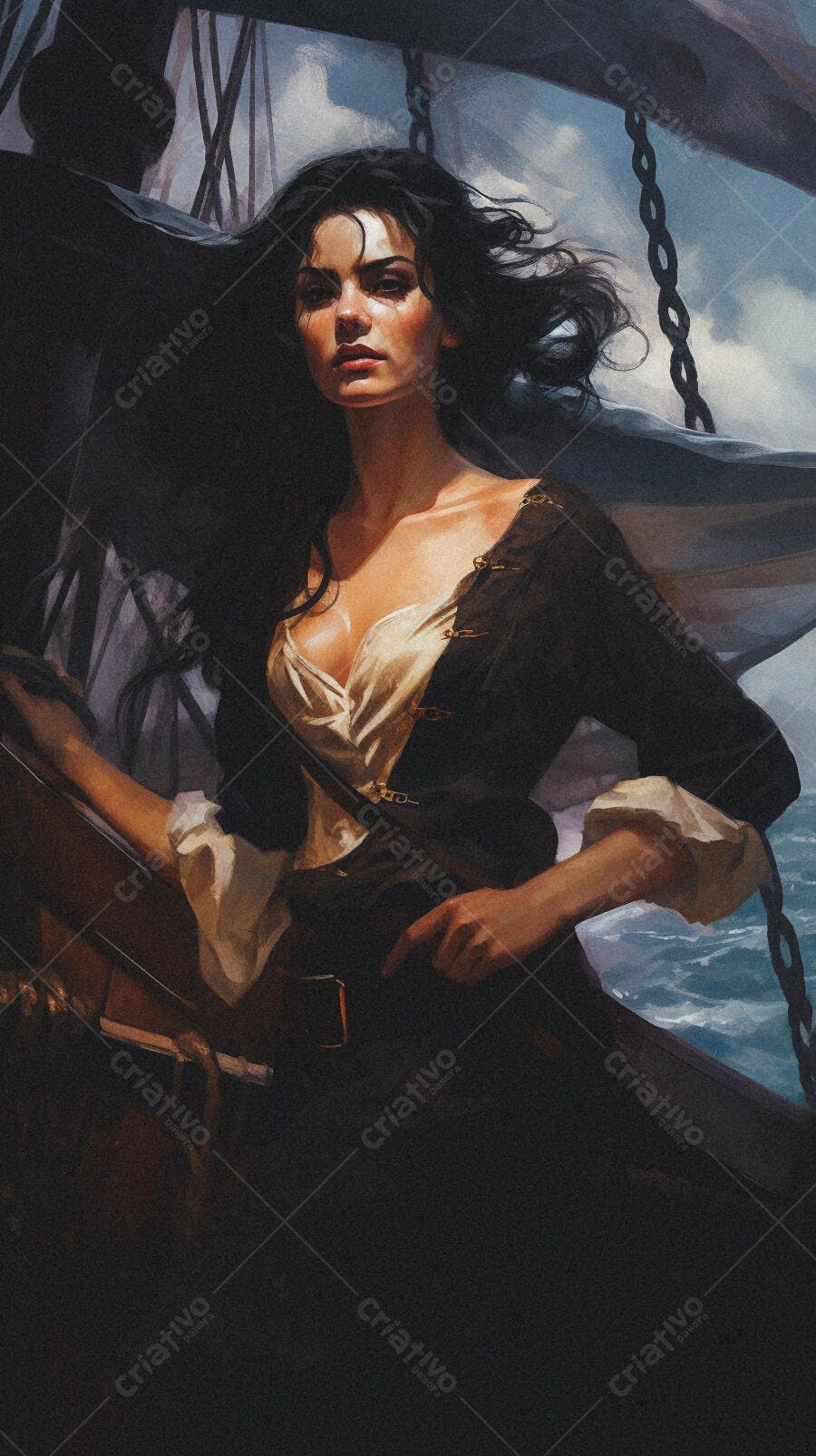 Mulher pirata no mar em tons escuros