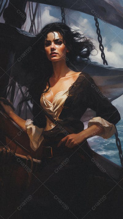 Mulher Pirata Destemida Navegando em Alto-Mar
