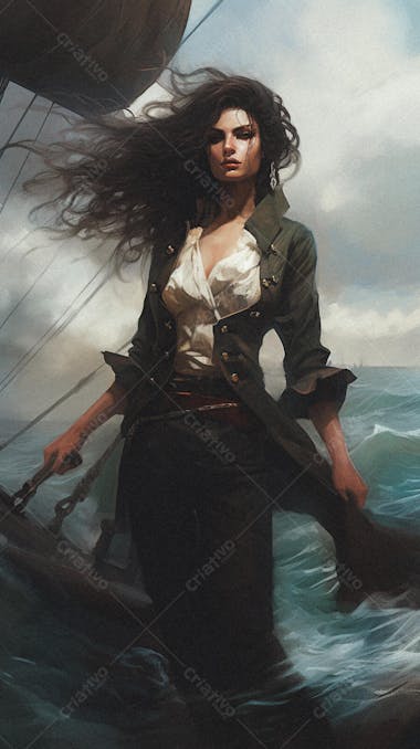 Mulher Pirata Destemida Navegando em Alto-Mar