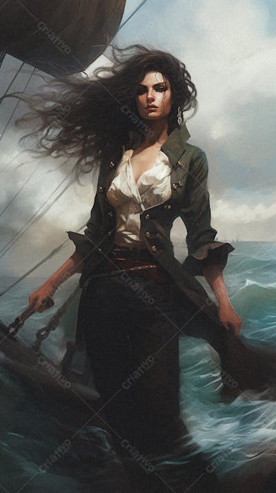 Mulher Pirata Destemida Navegando em Alto-Mar