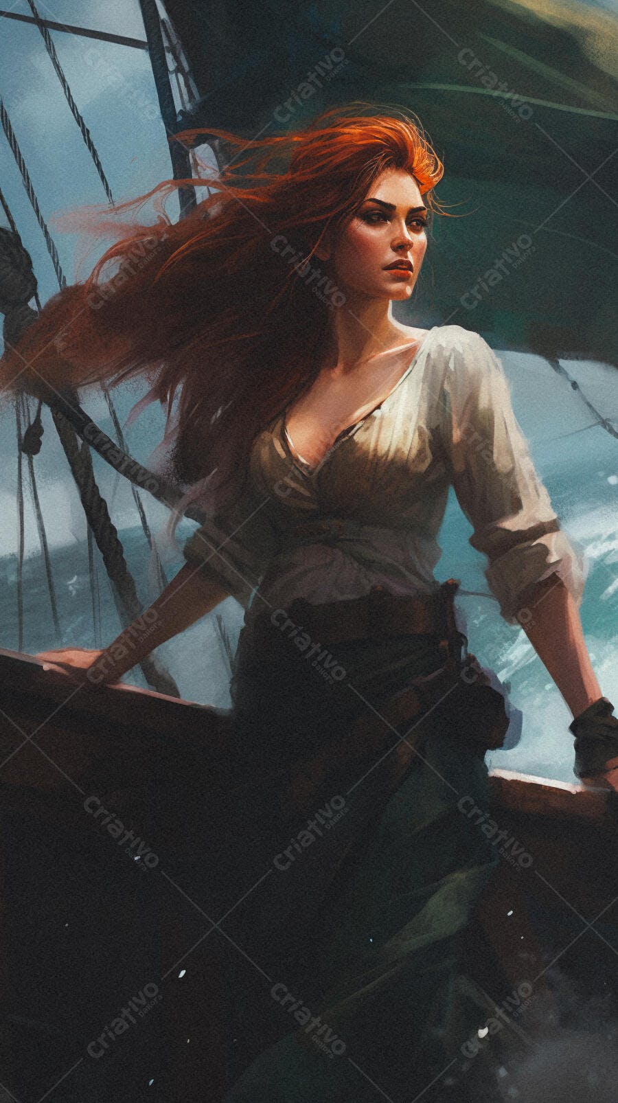 Mulher ruiva em navio veleiro