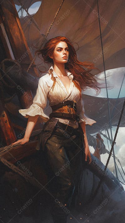 Mulher Pirata Destemida Navegando em Alto-Mar