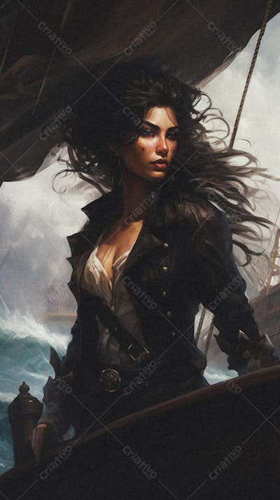 Mulher Pirata Destemida Navegando em Alto-Mar