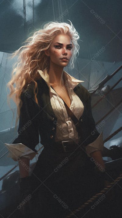 Mulher Pirata Destemida Navegando em Alto-Mar