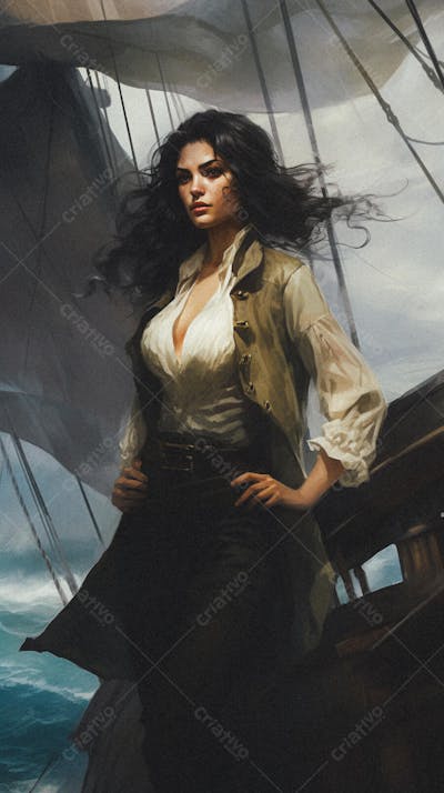 Mulher Pirata Destemida Navegando em Alto-Mar