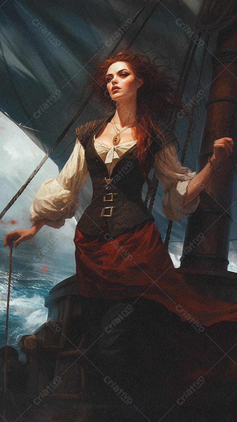 Pirata mulher em navio tempestade