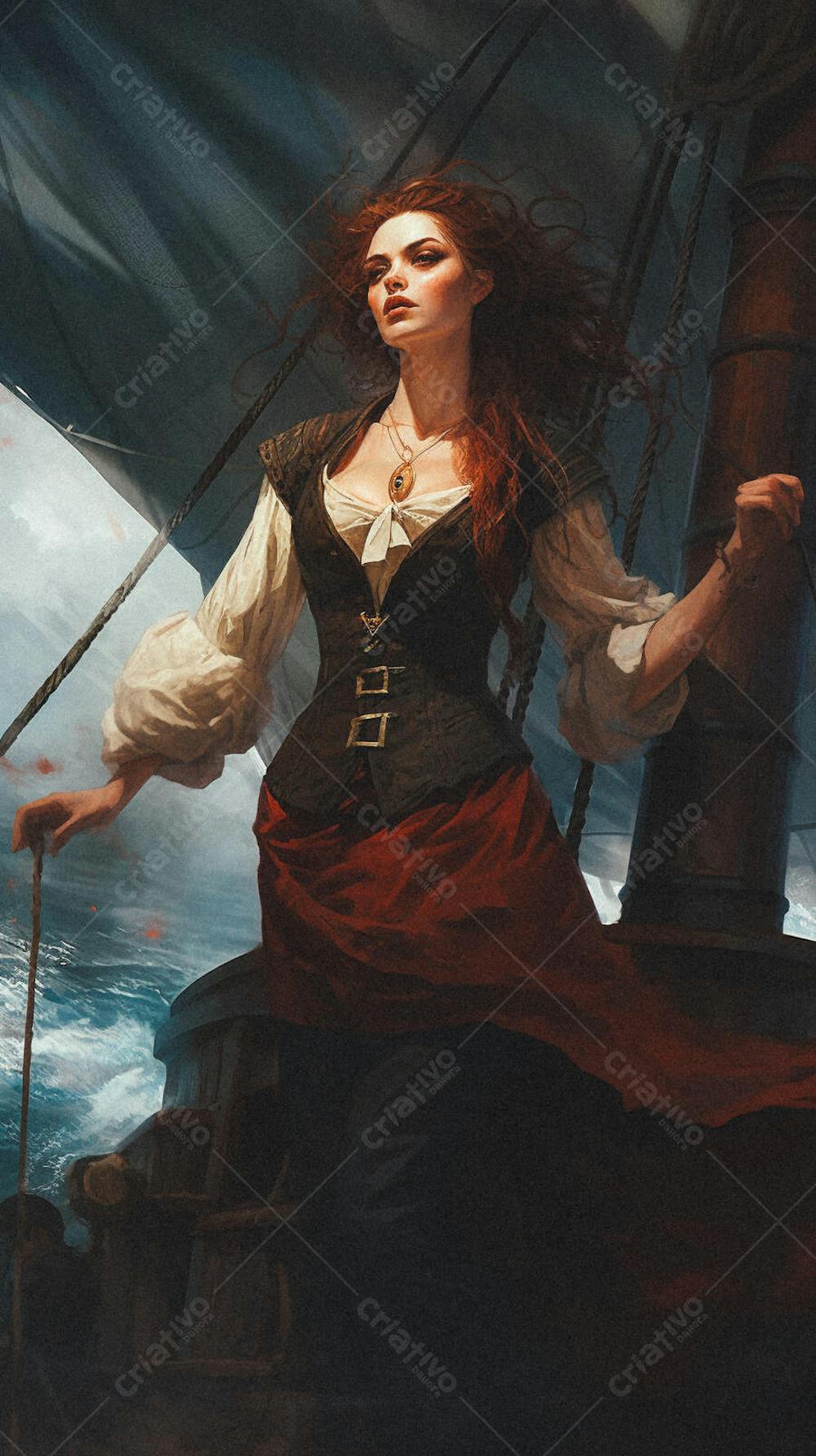 Mulher Pirata Destemida Navegando em Alto-Mar
