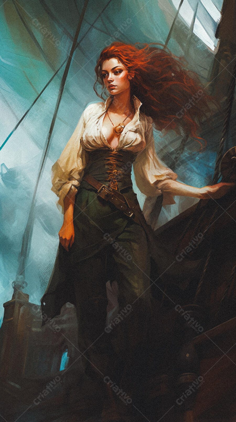 Pirata ruiva em navio tempestade