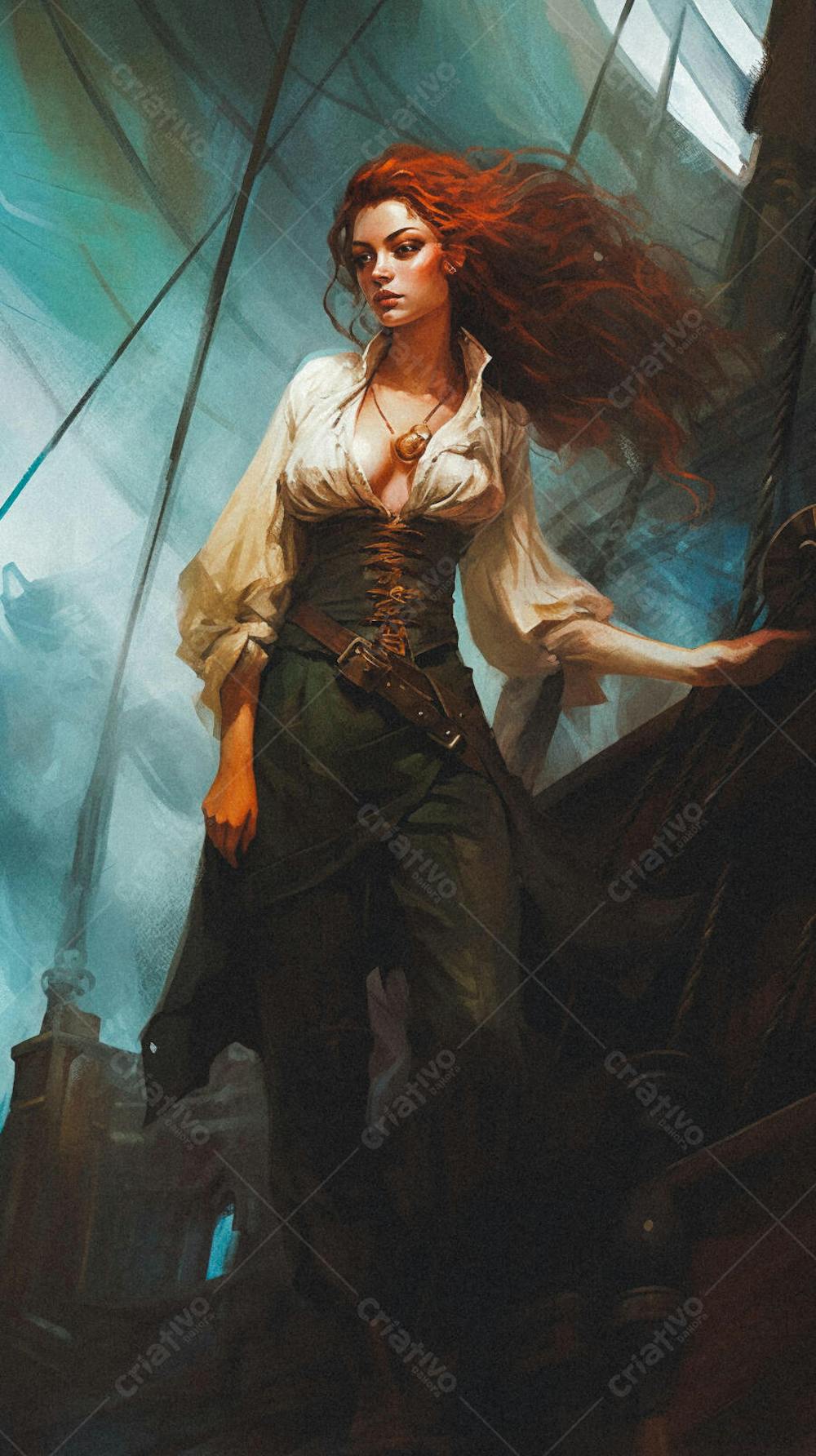 Mulher Pirata Destemida Navegando em Alto-Mar