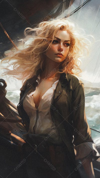 Mulher Pirata Destemida Navegando em Alto-Mar