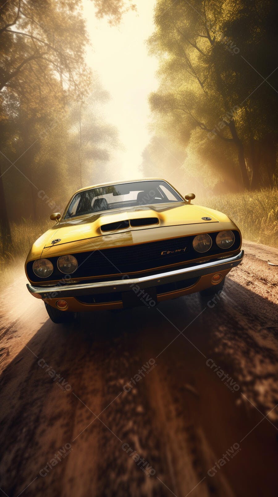 Muscle Car Dourado em Estrada de Terra Ensolarada