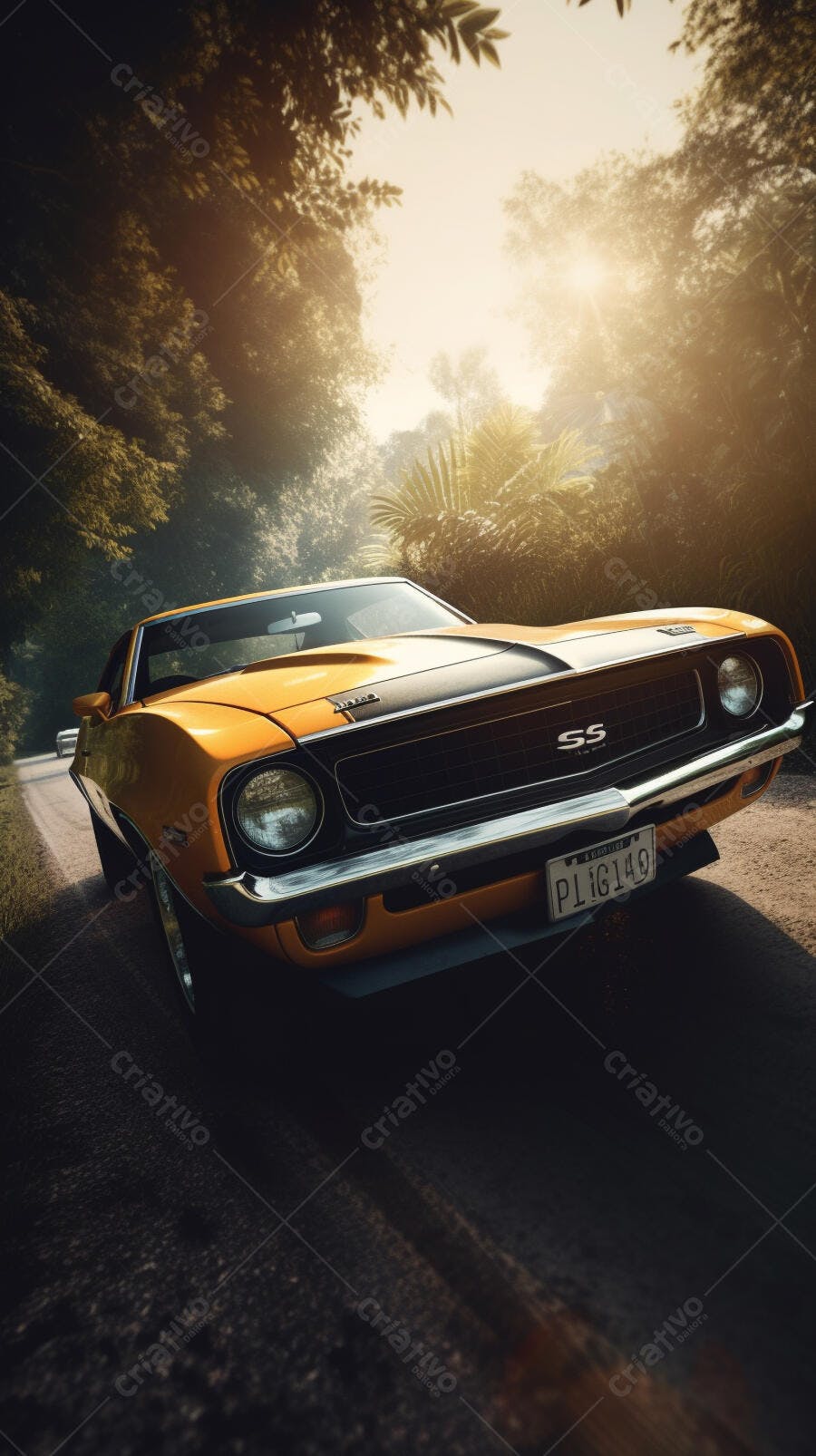 Chevrolet Camaro SS amarelo em estrada tropical