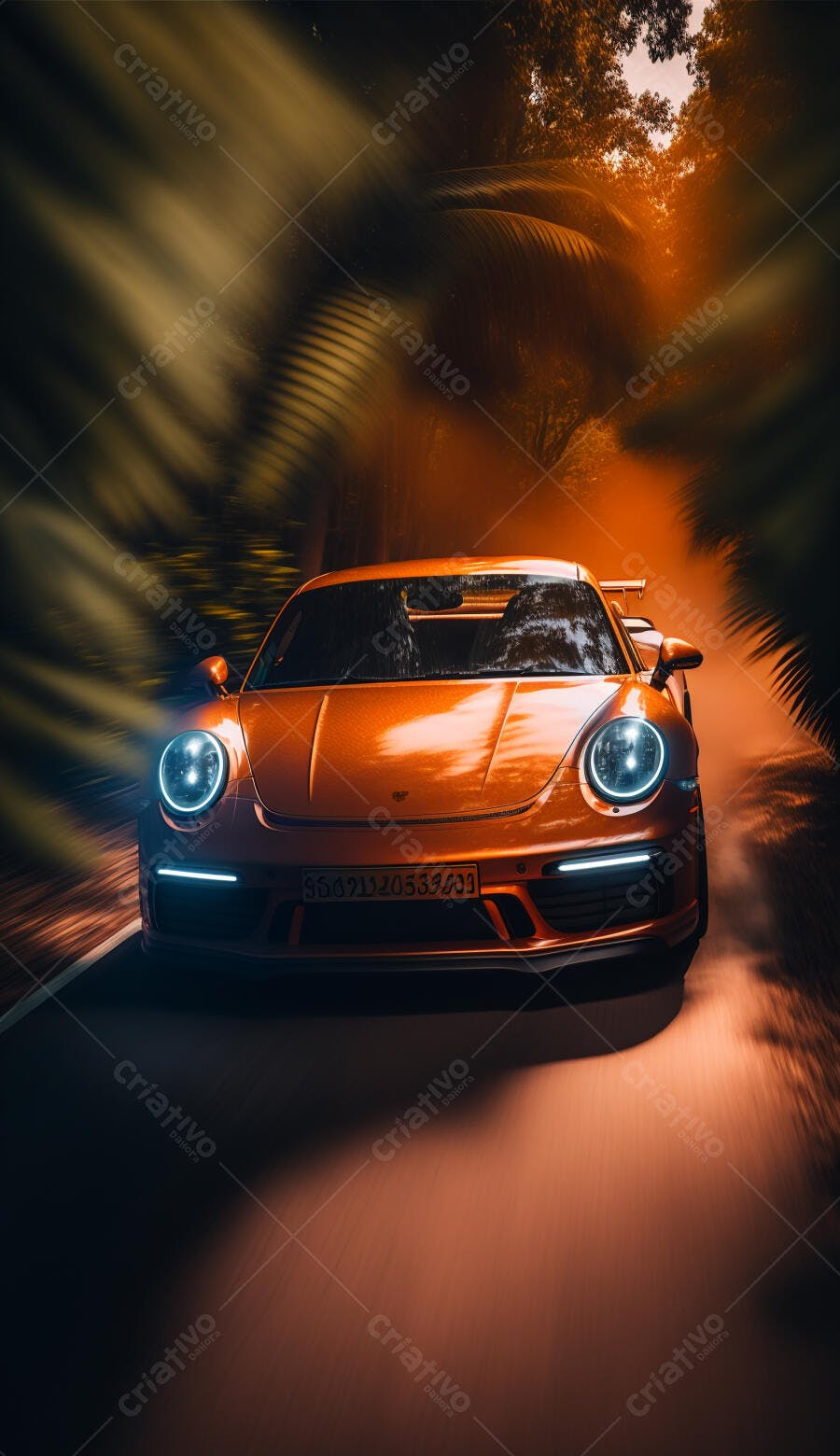 Porsche Laranja em Estrada Tropical
