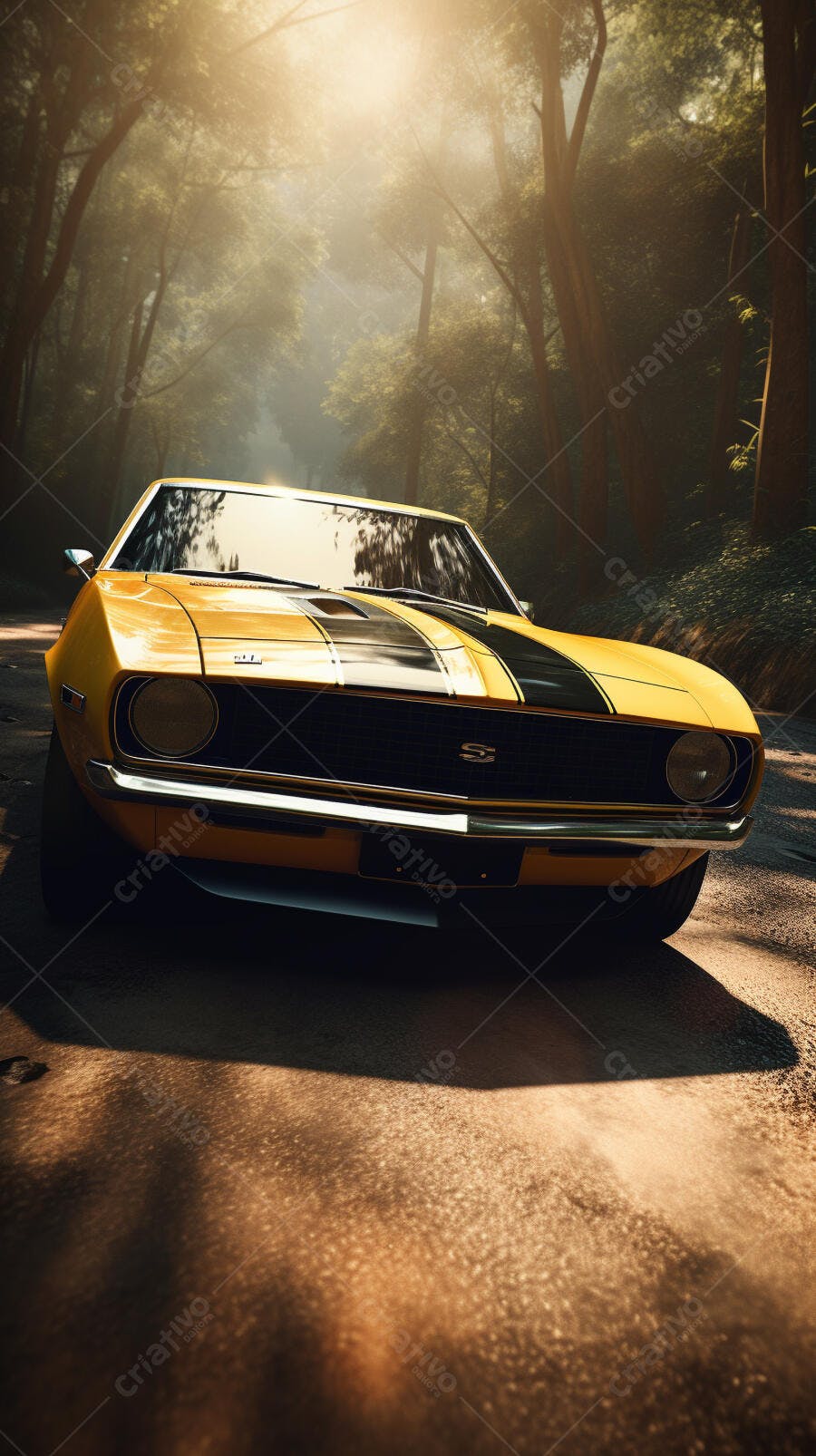 Muscle Car Amarelo em Floresta Ensolarada