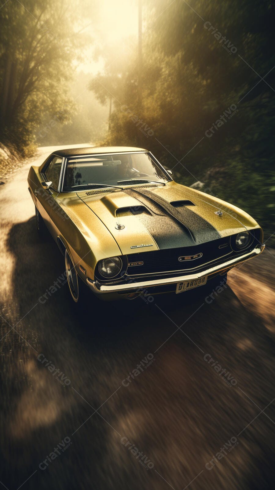 Muscle Car Dourado em Estrada Florestal