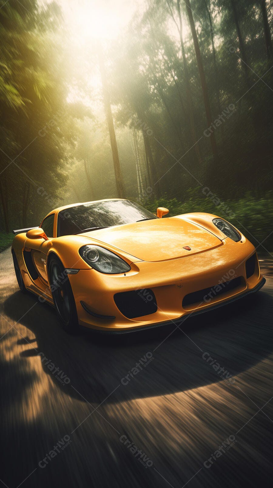 Porsche amarela em estrada florestal