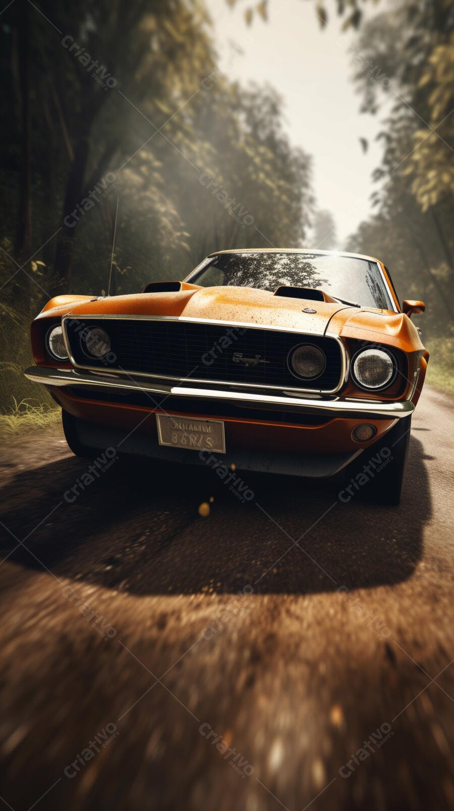 Muscle Car Laranja em Estrada Florestal