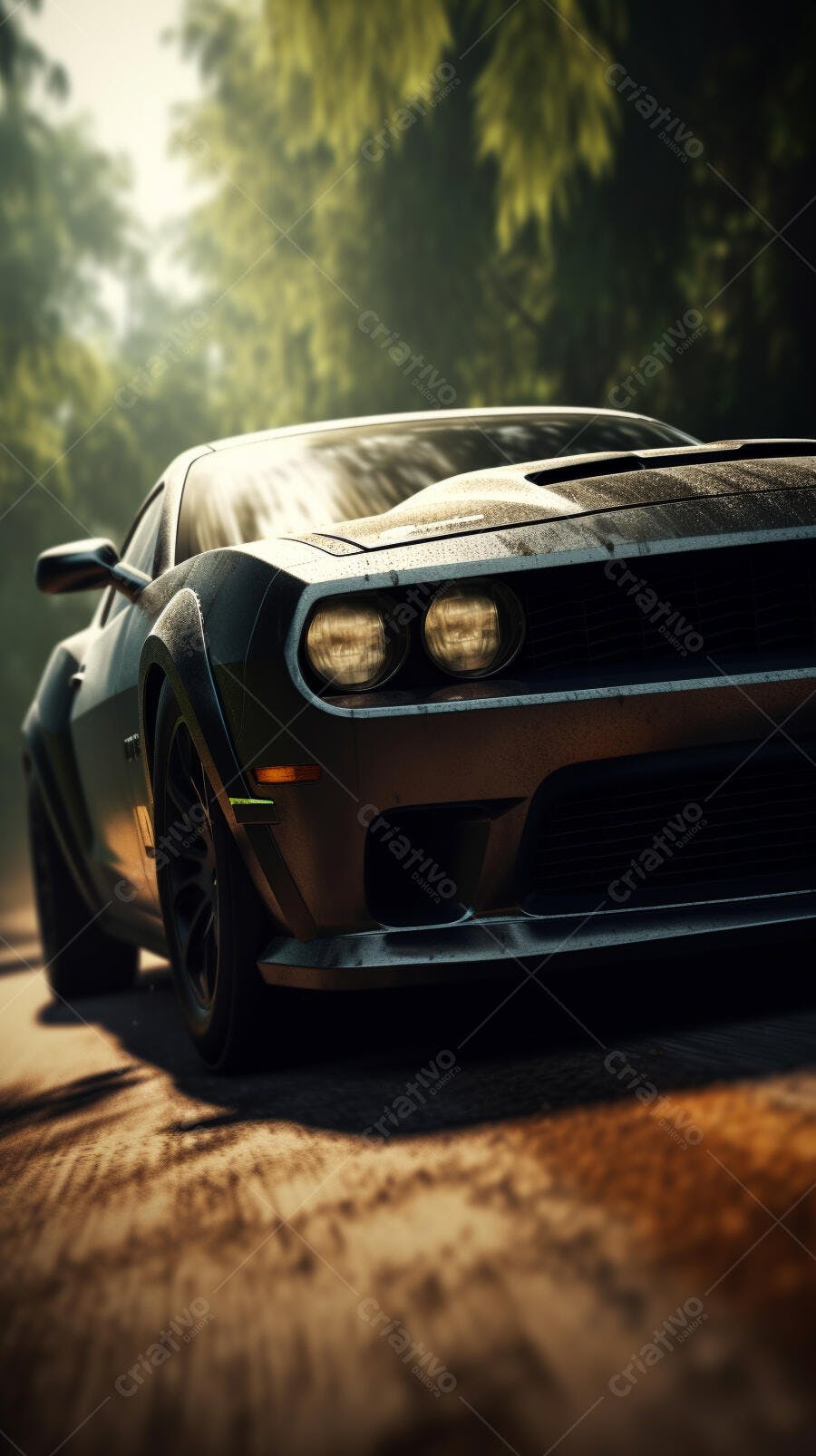 Muscle Car Cinza Escuro em Estrada Florestal
