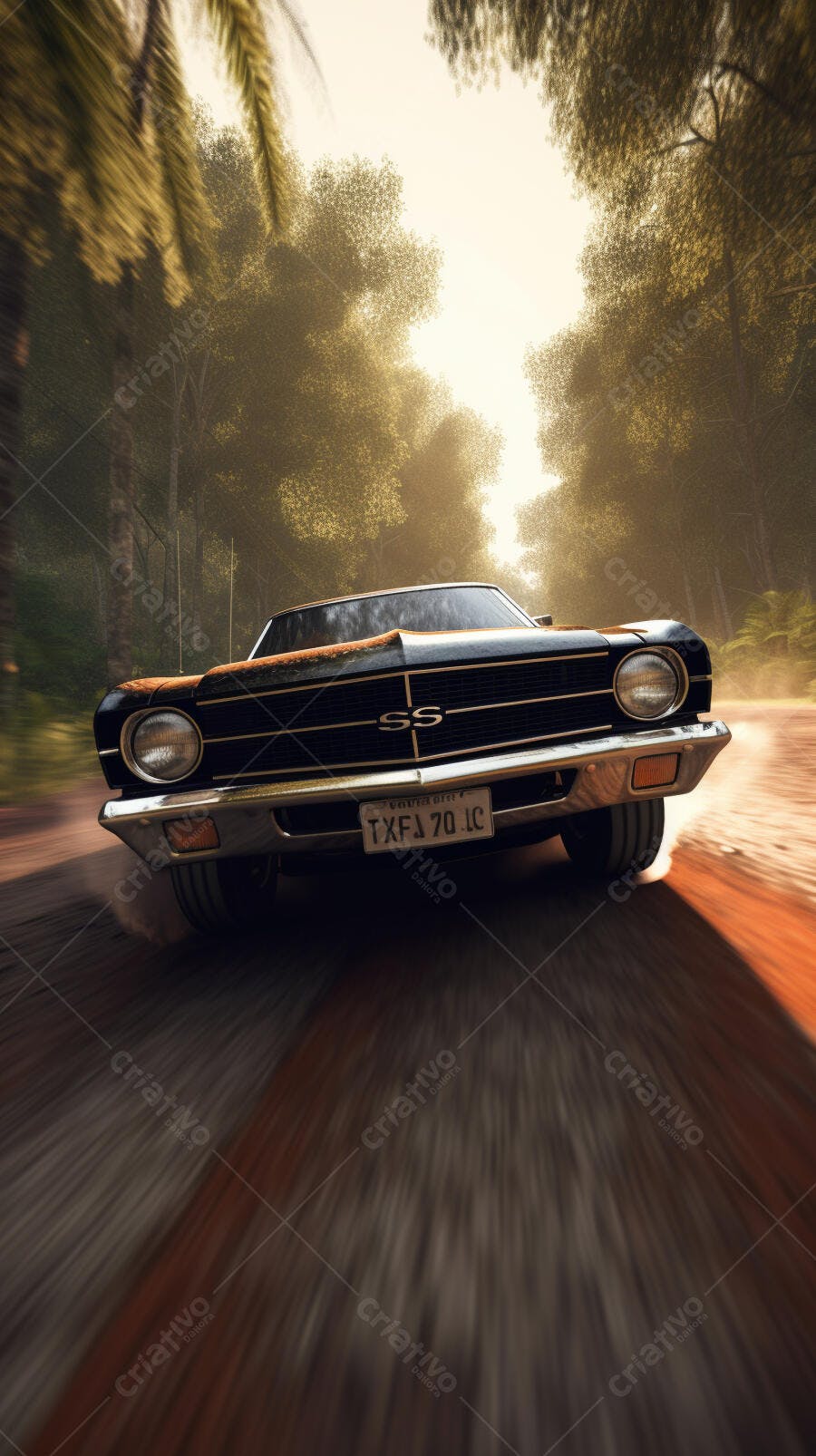 Muscle Car Preto em Estrada de Terra Ensolarada