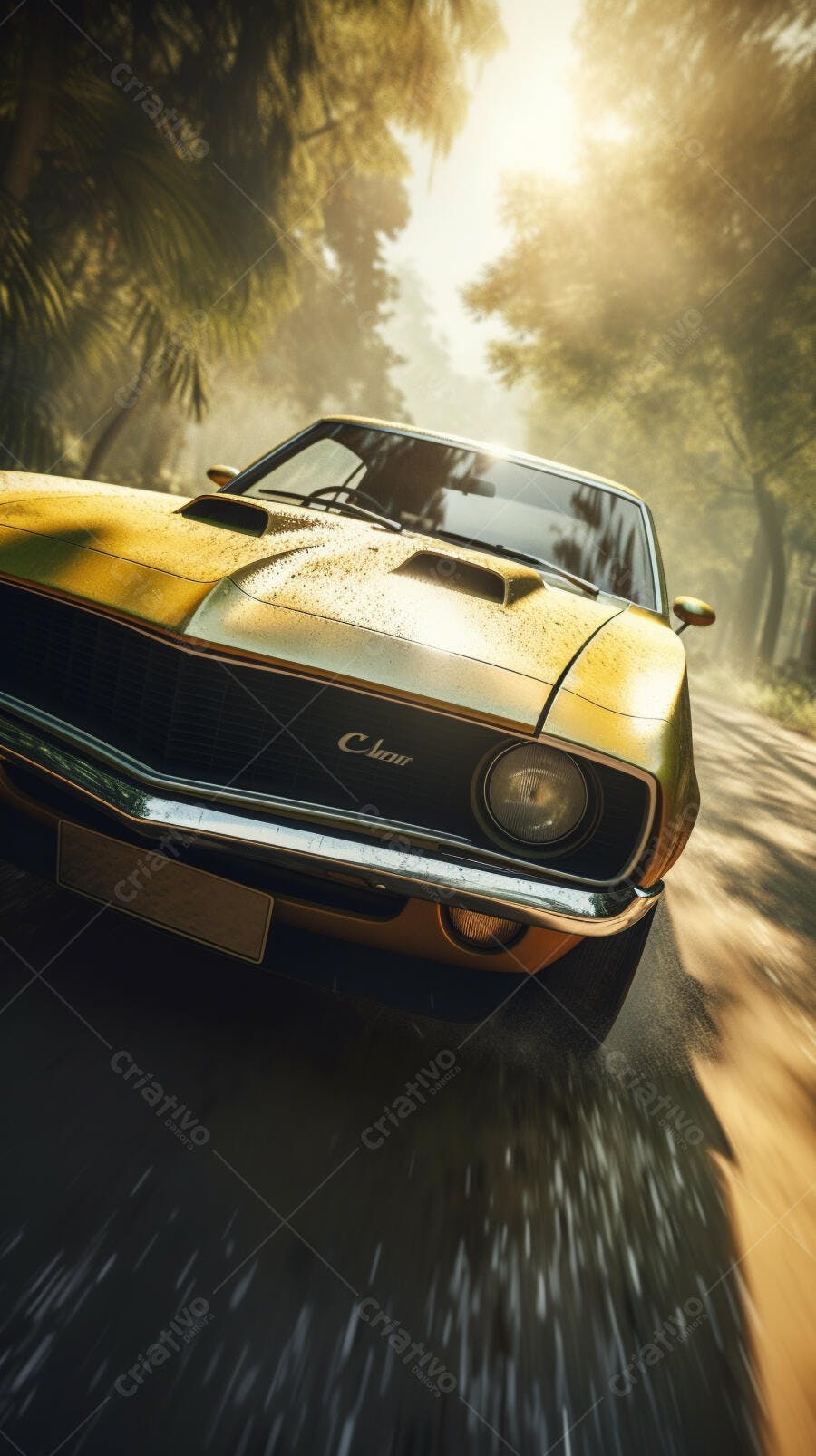 Chevrolet Camaro Clássico Dourado em Estrada Tropical