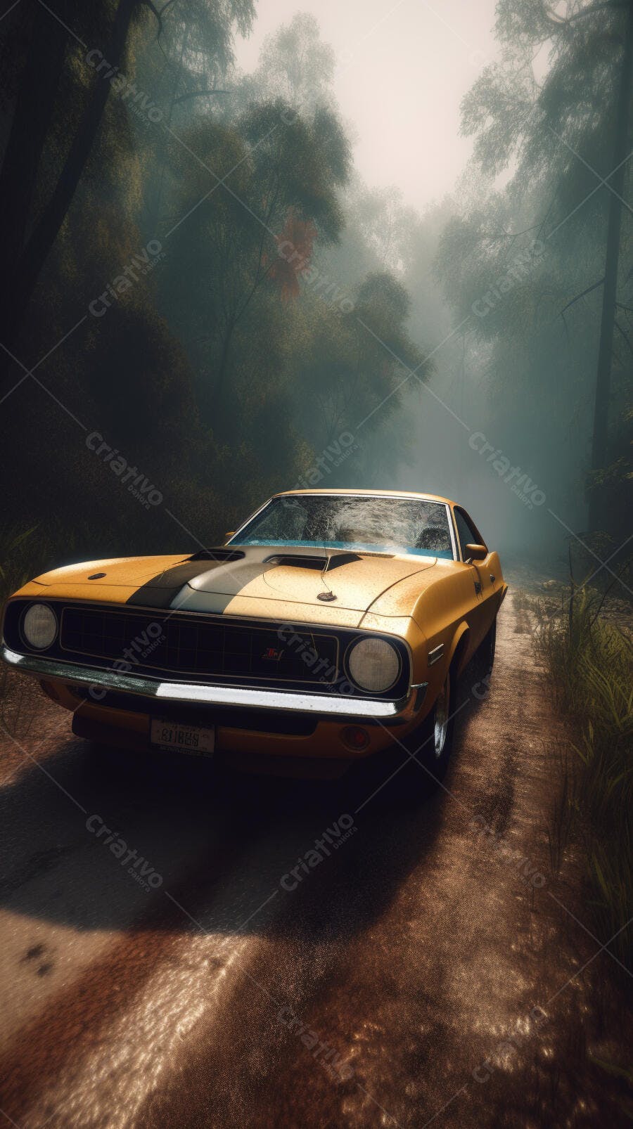 Muscle Car Amarelo em Estrada Florestal