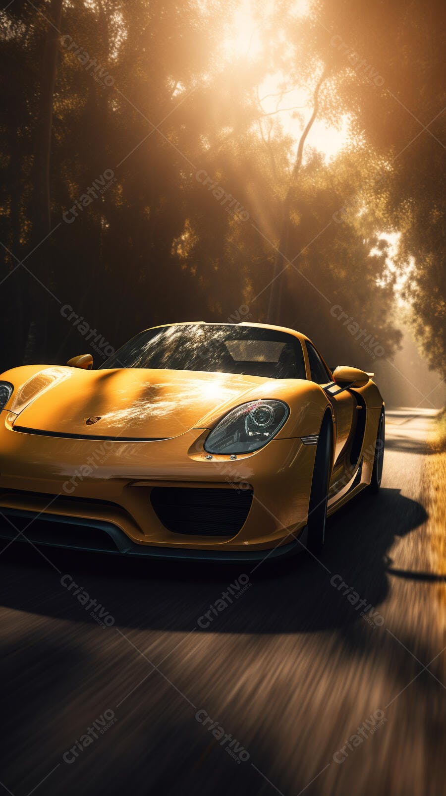 Porsche amarela em estrada florestal ao entardecer