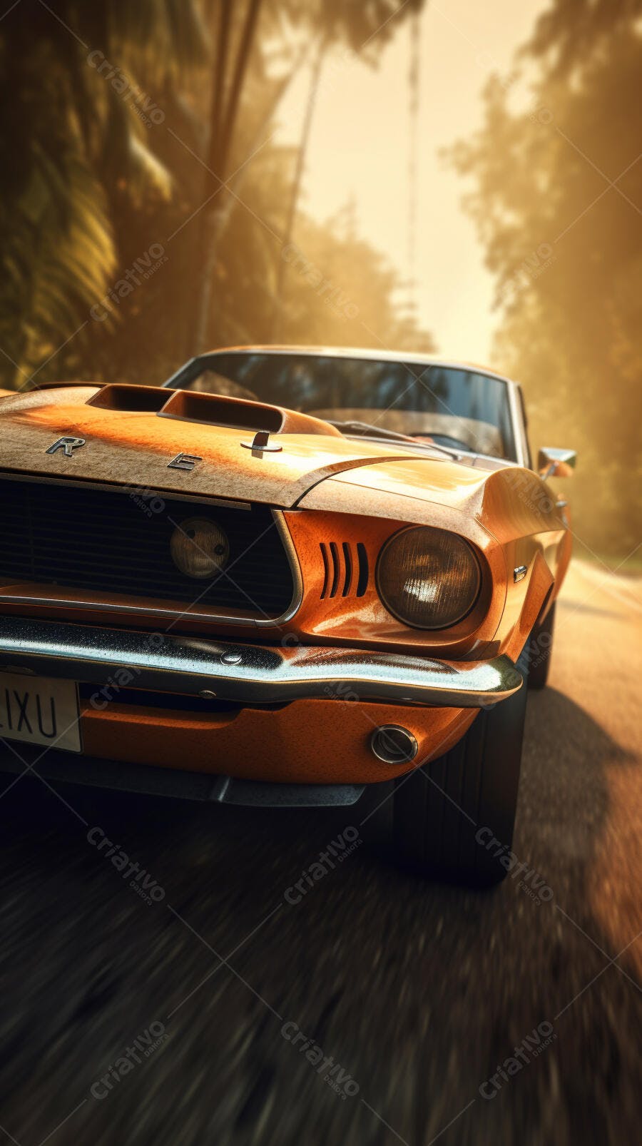 Mustang laranja em estrada tropical