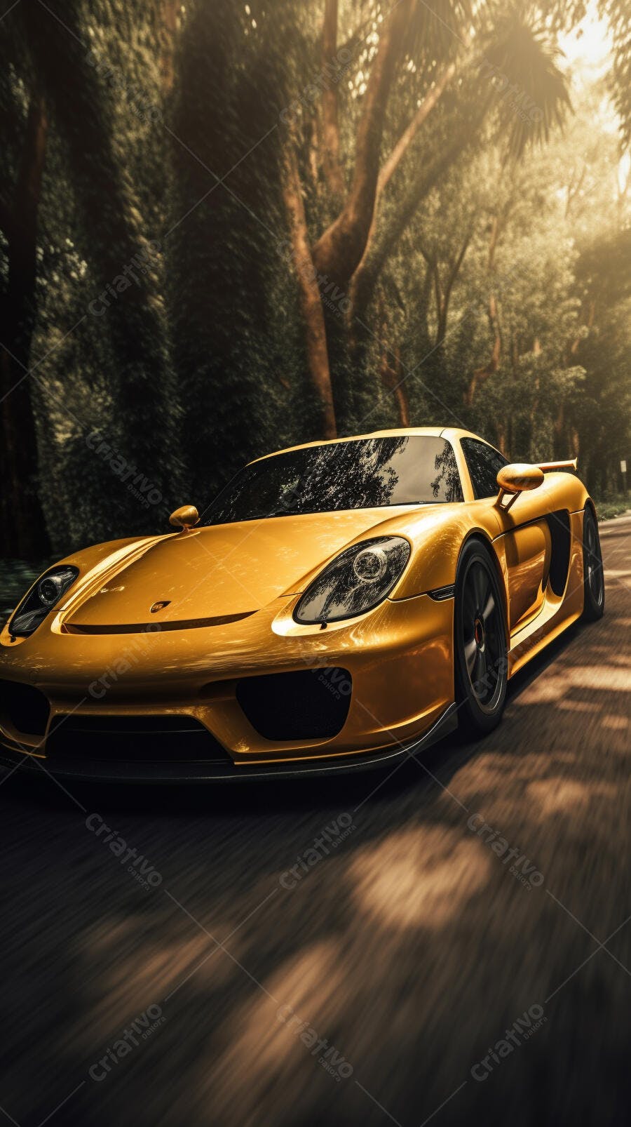 Porsche dourada em estrada florestal
