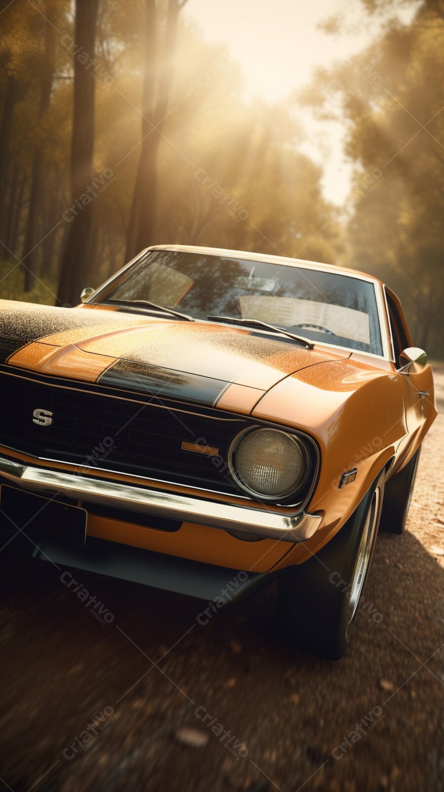 Muscle Car Laranja em Estrada de Terra
