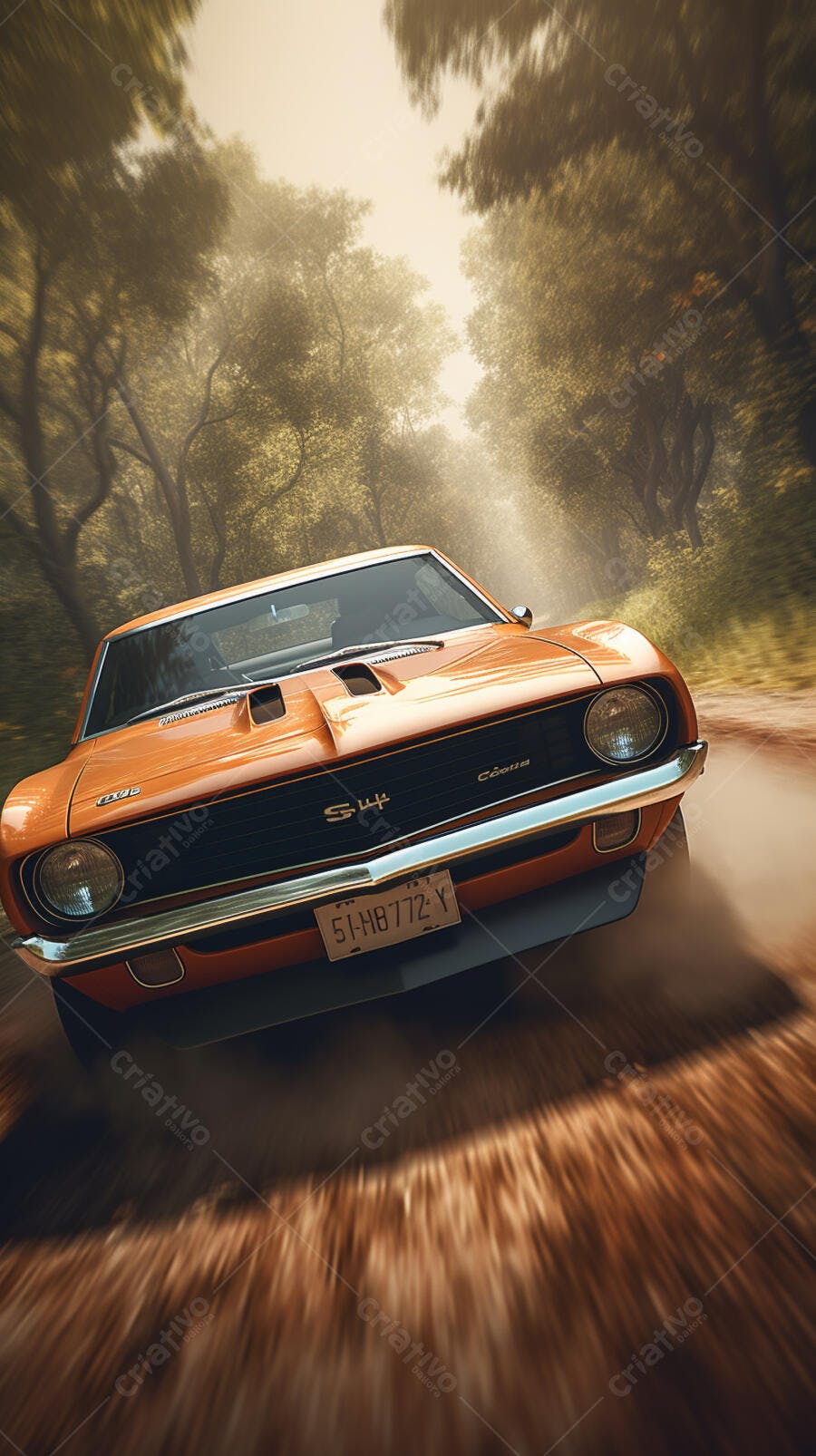 Chevrolet Camaro SS laranja em estrada de árvores