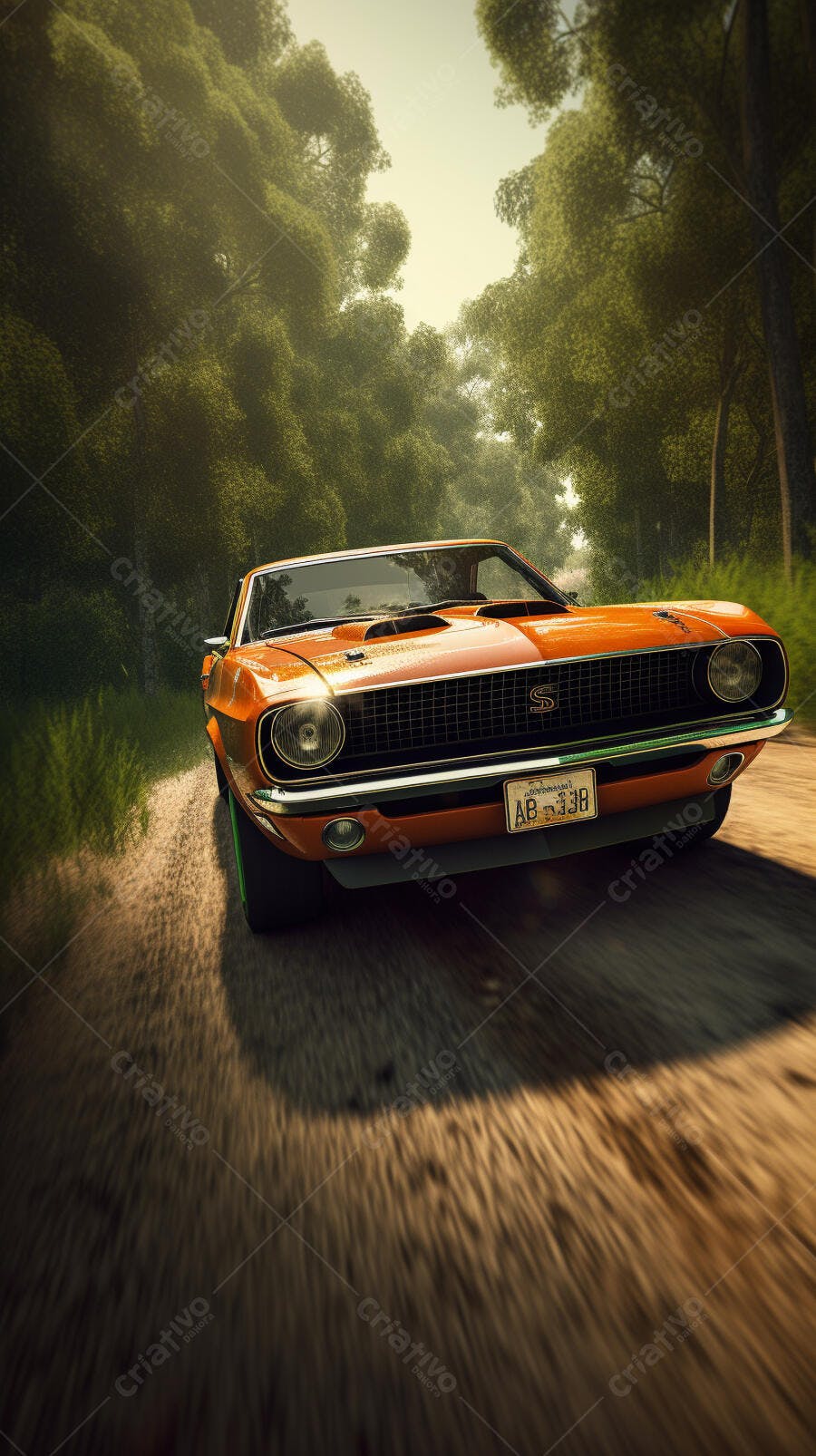 Muscle car laranja em estrada florestal