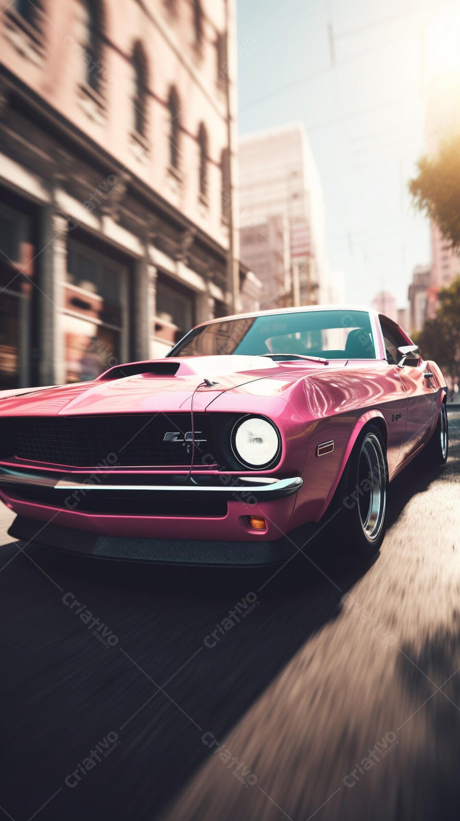 Muscle Car Rosa em Rua da Cidade