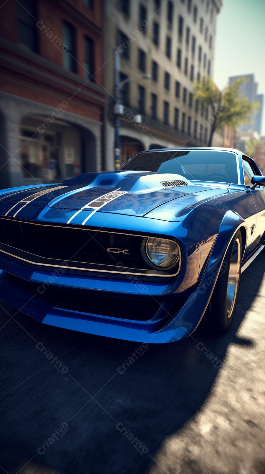 Muscle Car Azul na Cidade