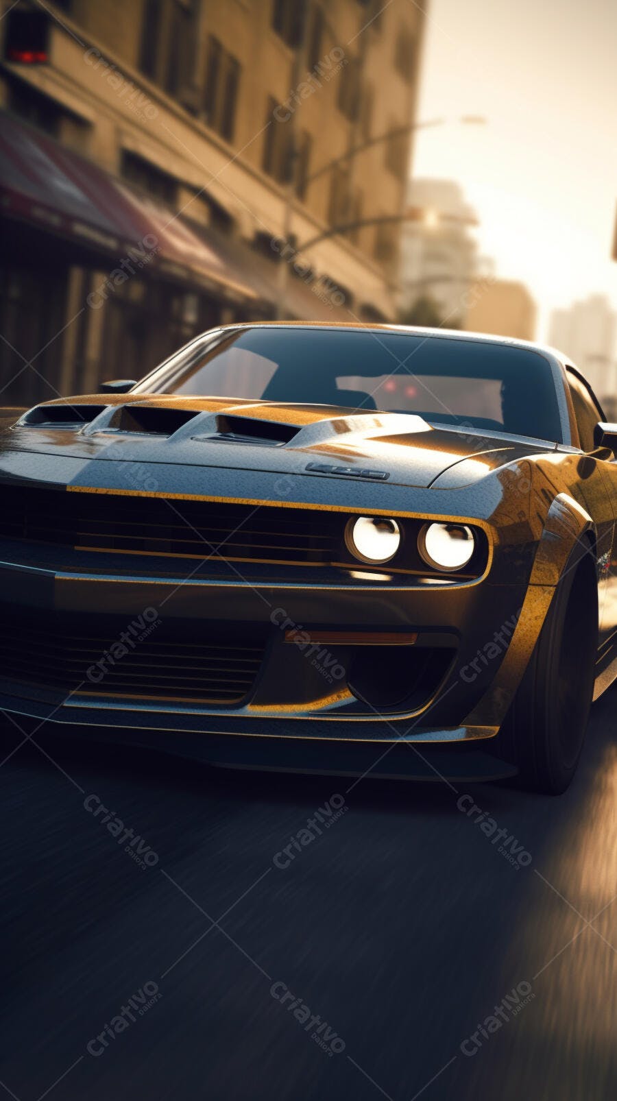 Muscle Car Preto e Dourado em Movimento