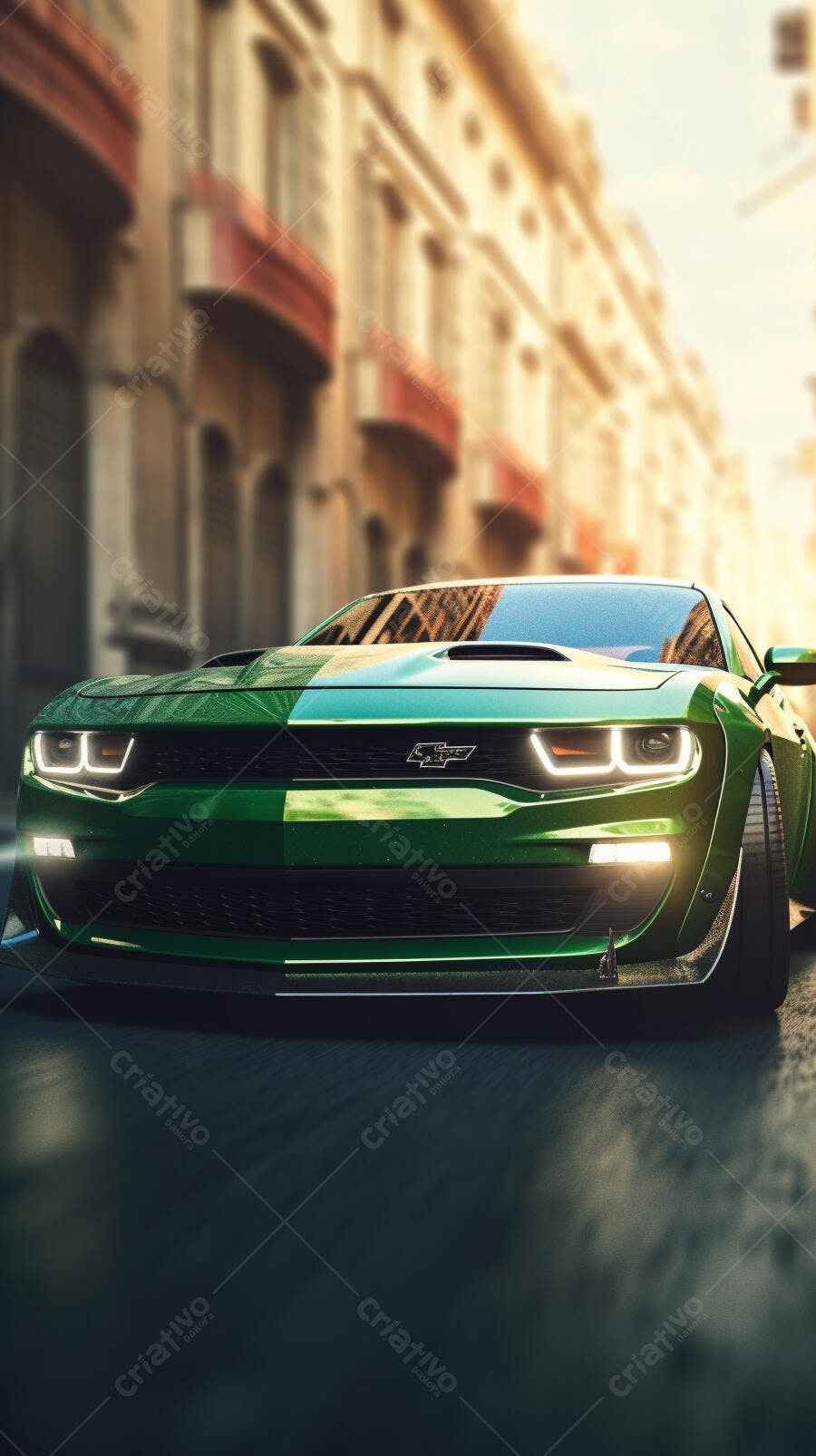 Muscle Car Verde Escuro em Rua Urbana