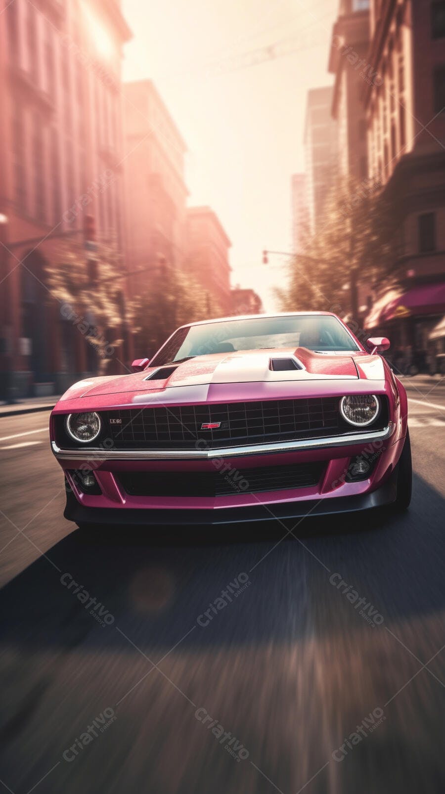 Muscle Car Rosa em Movimento na Cidade