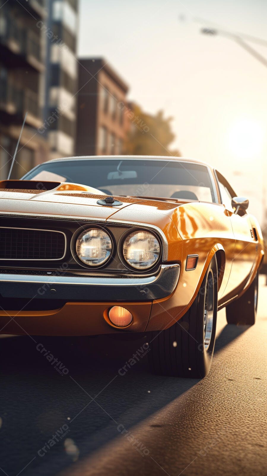 Muscle Car Laranja em Cidade ao Entardecer