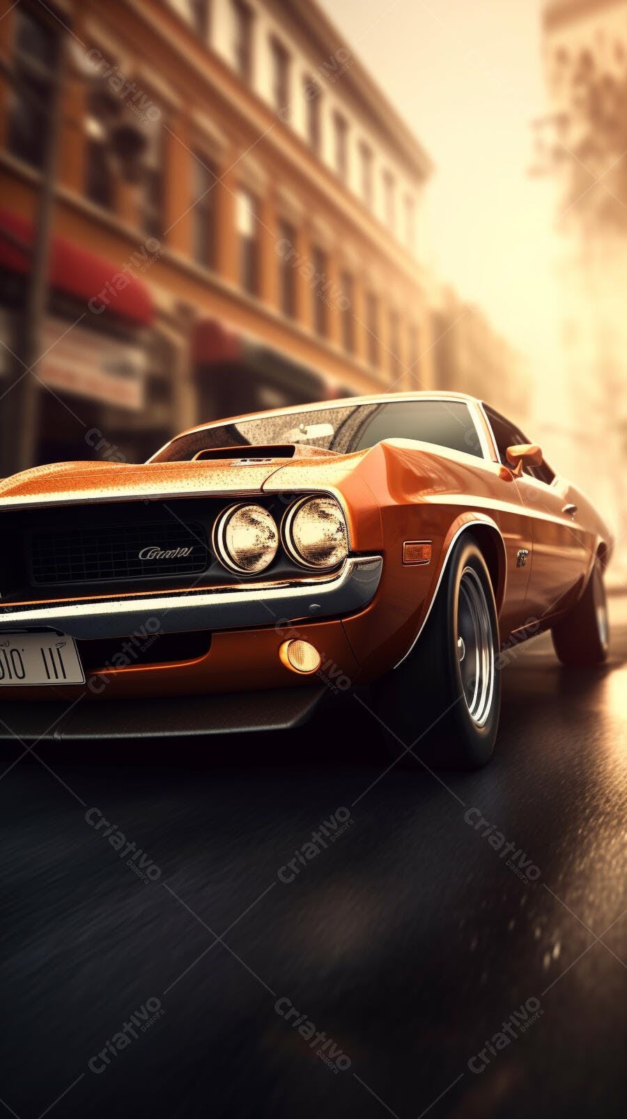 Muscle Car Laranja em Rua Molhada