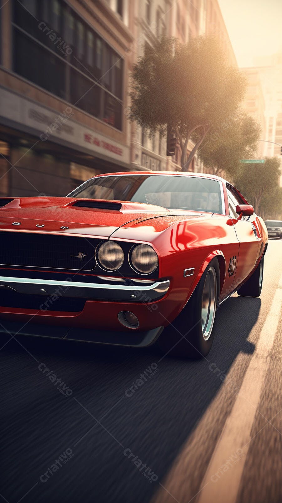 Dodge Challenger Vermelho em cidade ensolarada