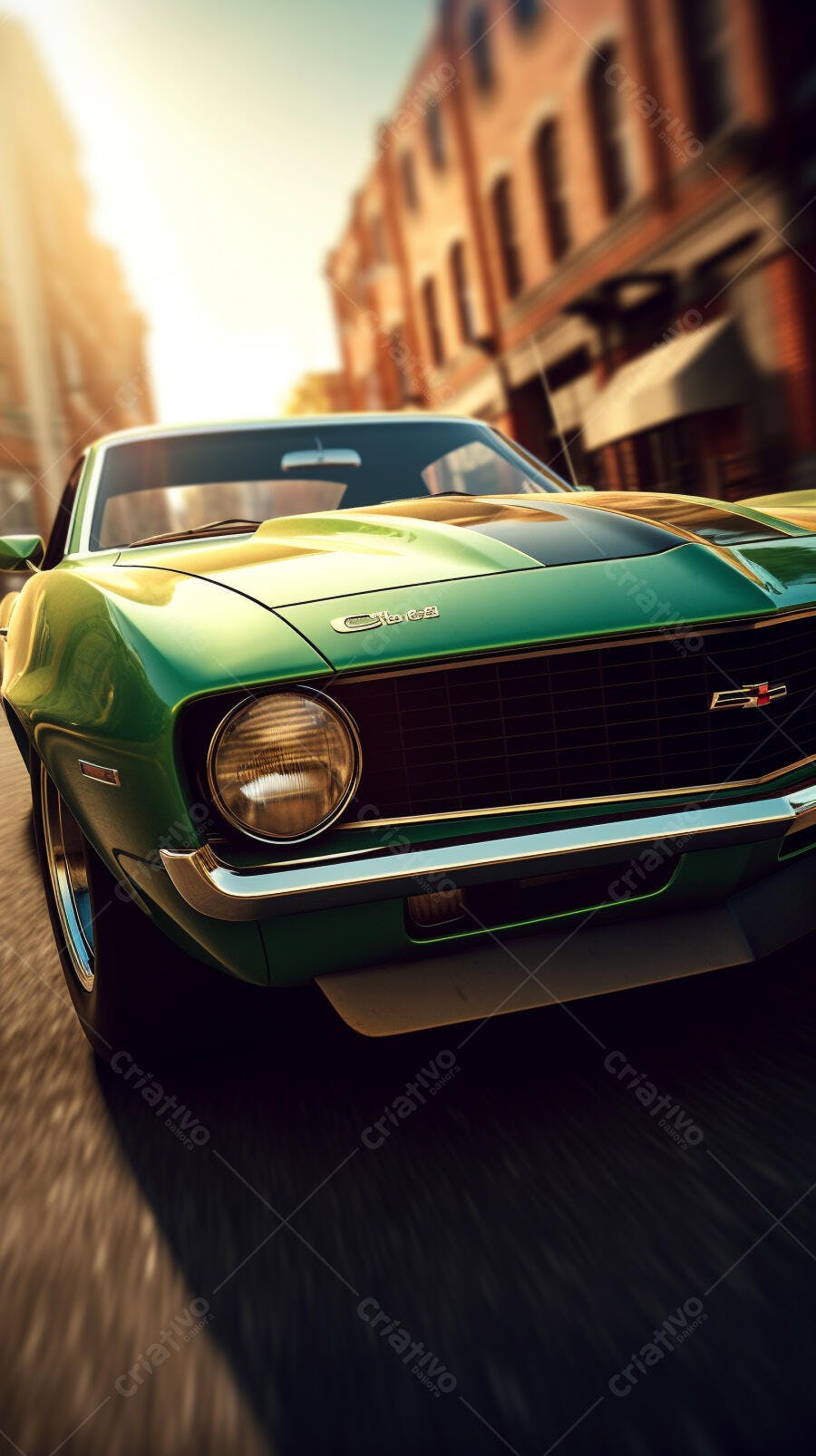 Chevrolet Camaro Verde em movimento na cidade