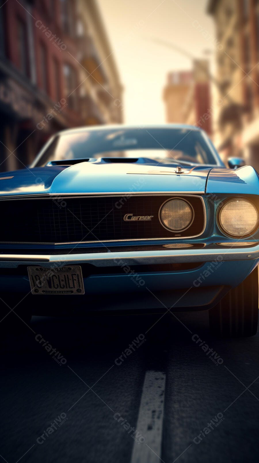 Muscle Car Azul na Cidade ao Entardecer