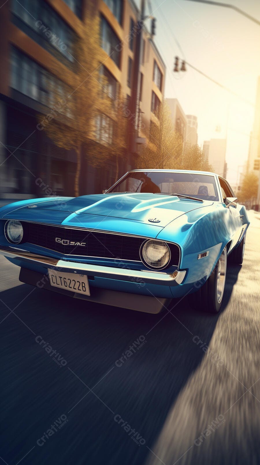 Chevrolet Camaro Azul Clássico em movimento na cidade