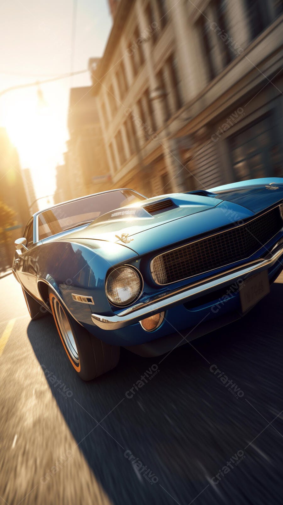 Muscle Car Azul Clássico em Rua da Cidade