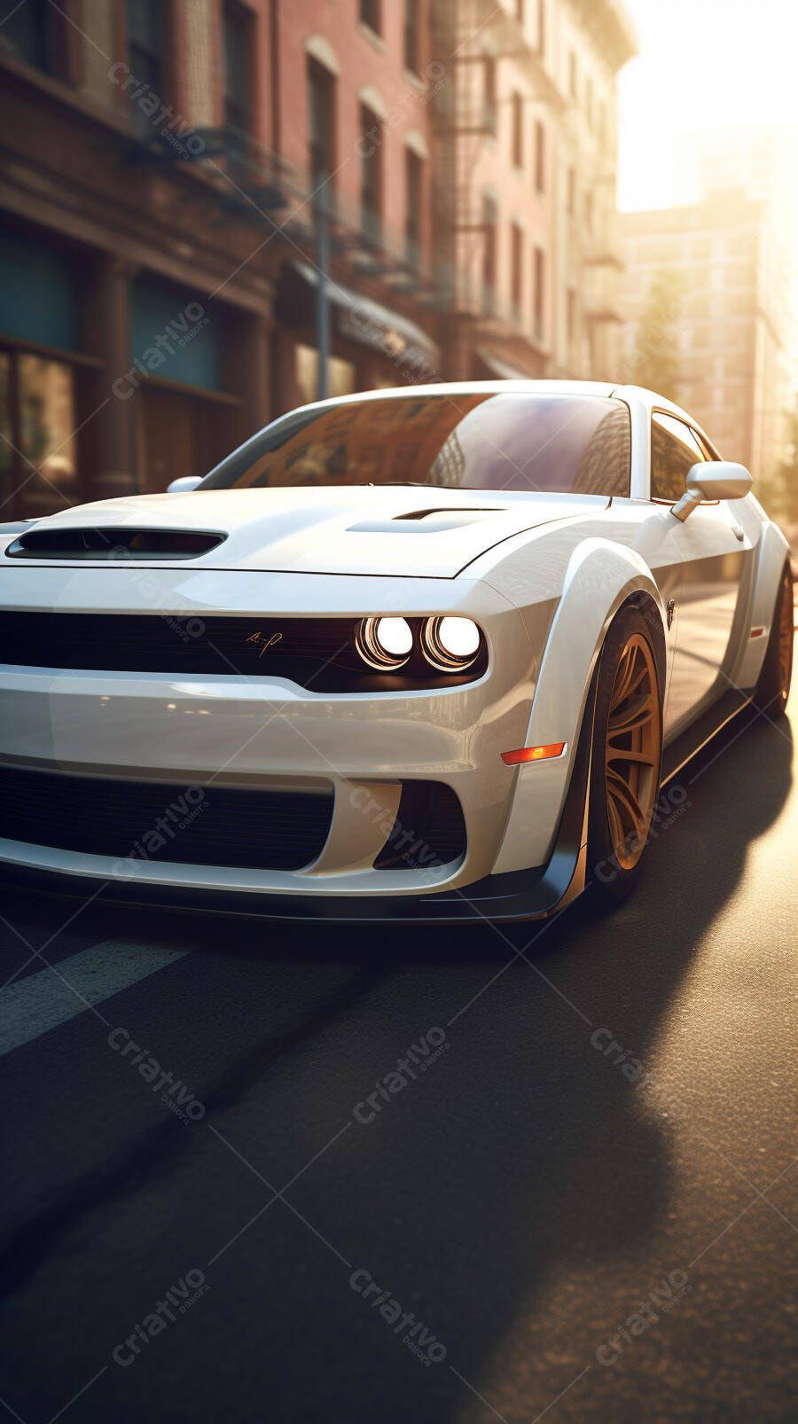 Muscle Car Branco em Rua Urbana ao Entardecer